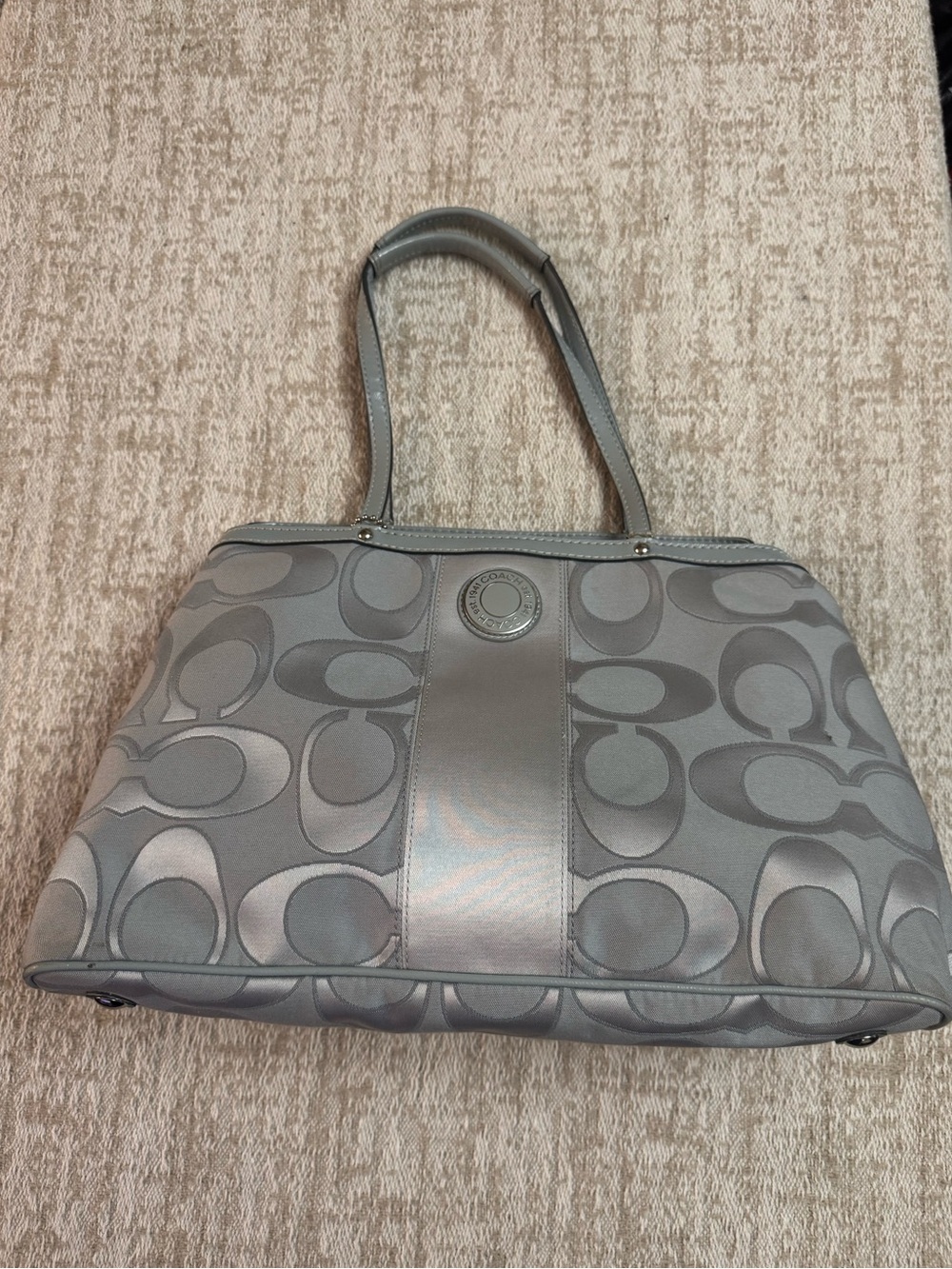 Coach Silver Gray Signature Tote with Center Leather Panel